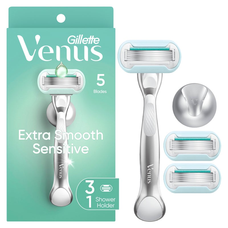 Gillette Venus Extra Smooth Sensitive Womens Razor with Reusable Handle 3 Blade Refills and Shower Holder